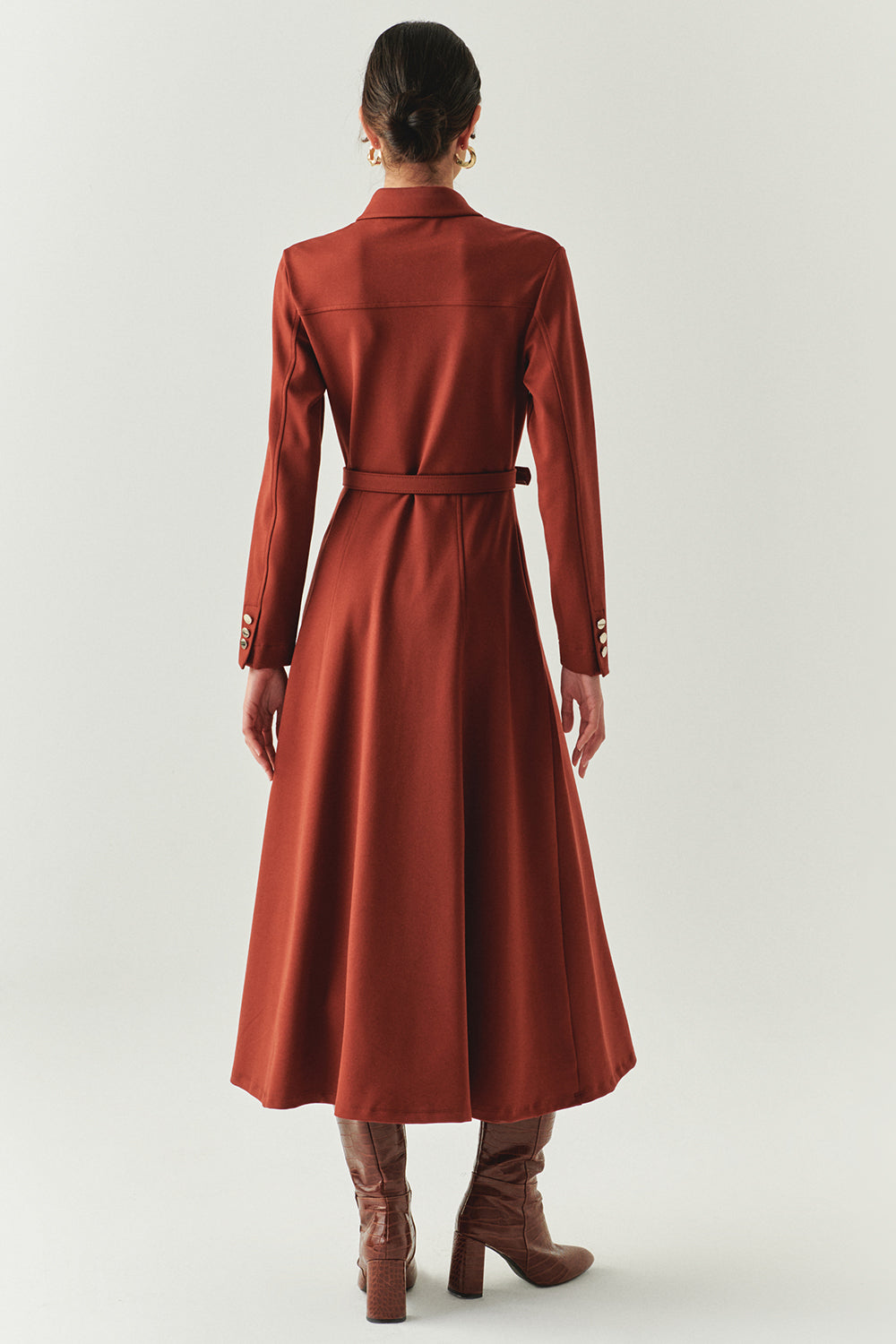 Kemerli Gömlek Yaka Cepli Slim Fit Midi Örme Elbise