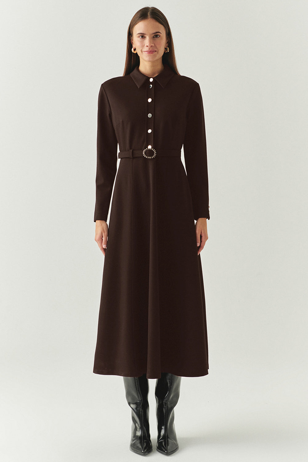Kemerli Gömlek Yaka Cepli Slim Fit Midi Kahve Örme Elbise