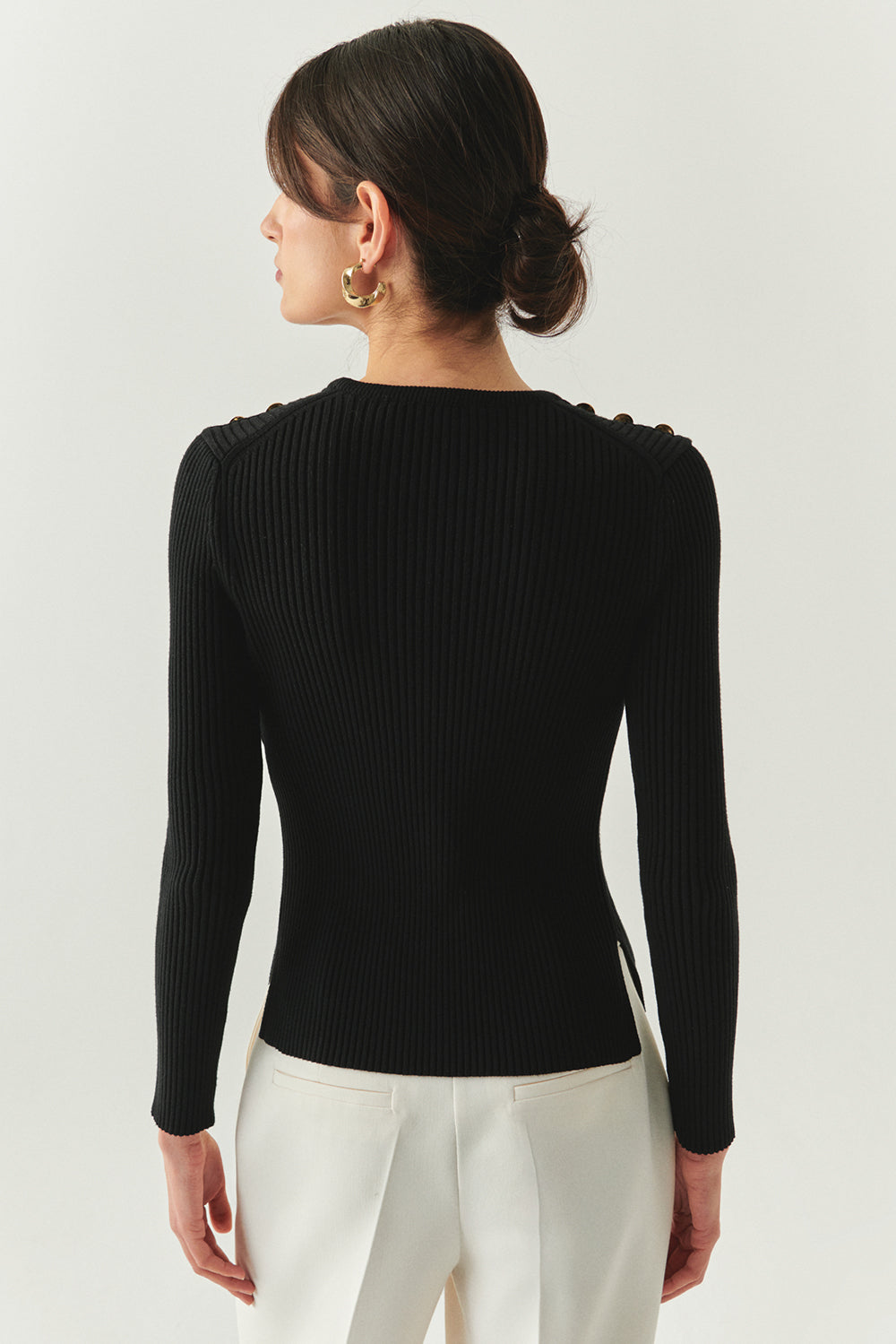 Bisiklet Yaka Uzun Kollu Düğme Detaylı Slim Fit Triko Siyah Bluz