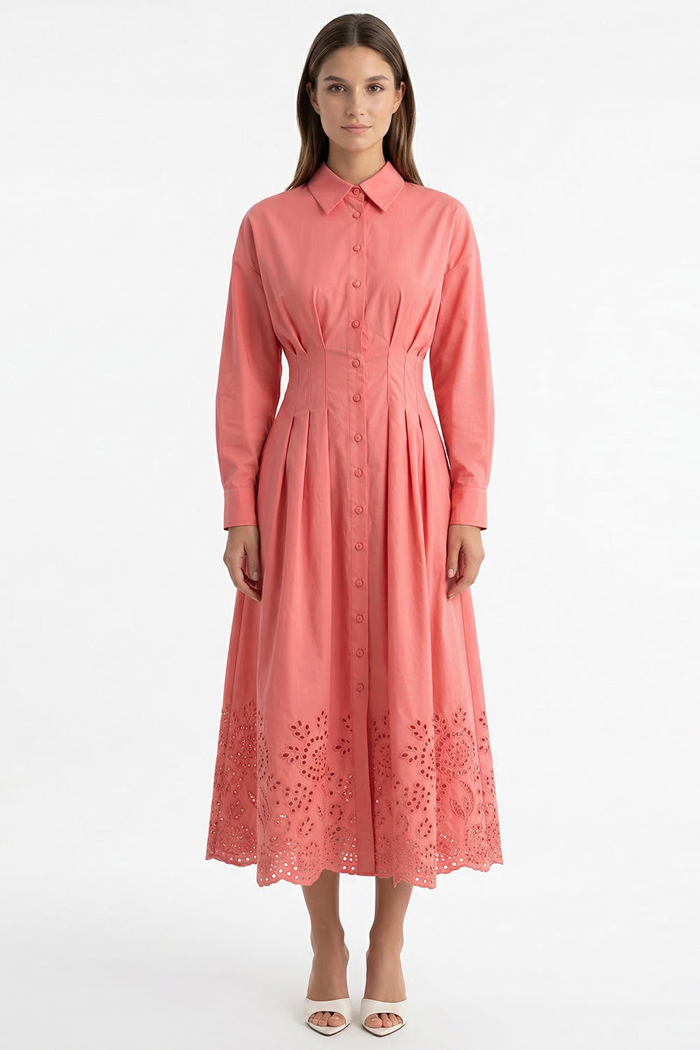 Bele Oturan Brodeli Regular Midi Gömlek Yaka Pembe Elbise