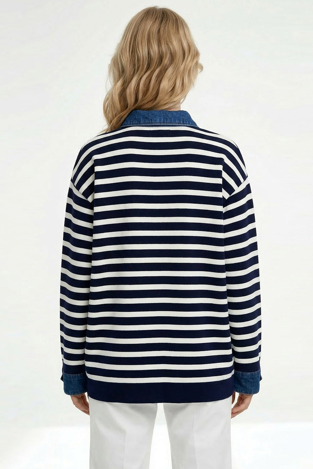 Uzun Kollu Düğmeli Oversize Triko Lacivert Beyaz Hırka