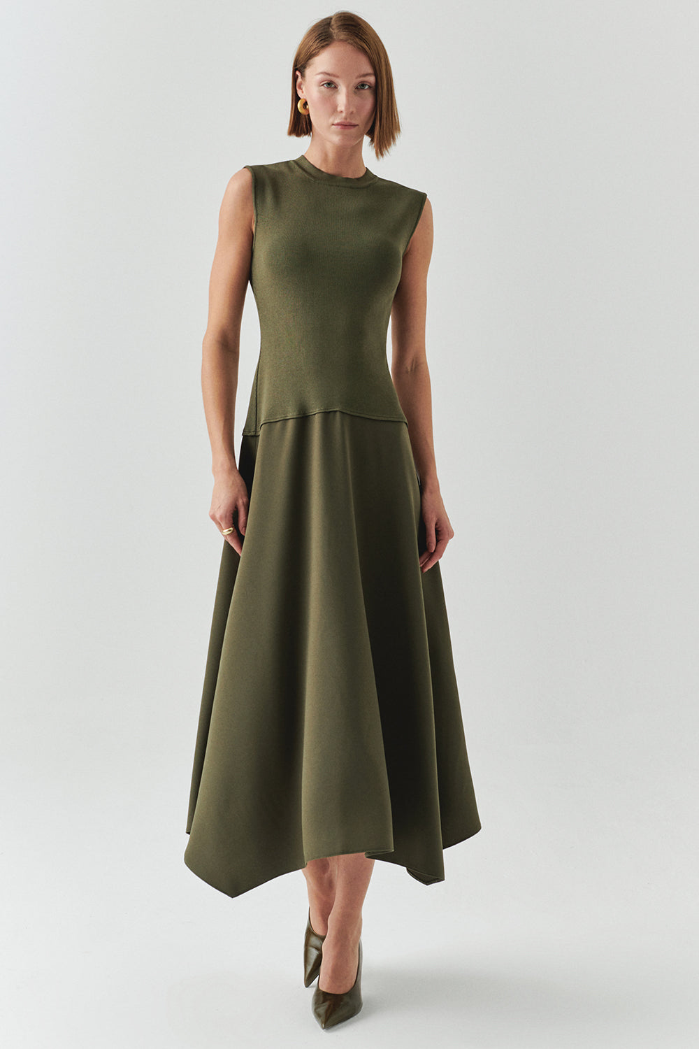 Bisiklet Yaka Triko Garnili Asimetrik Kesim Slim Fit Midi Haki Elbise