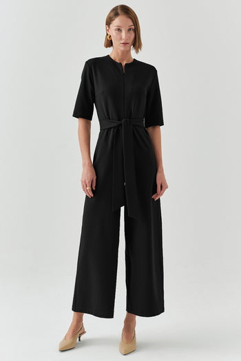 Kuşaklı Kısa Kollu Fermuar Kapamalı Örme Slim Fit Siyah Tulum