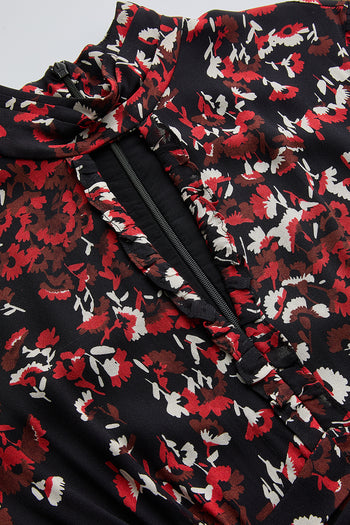 Desenli Uzun Kollu Damla Yaka Slim Fit Astarlı Midi Elbise