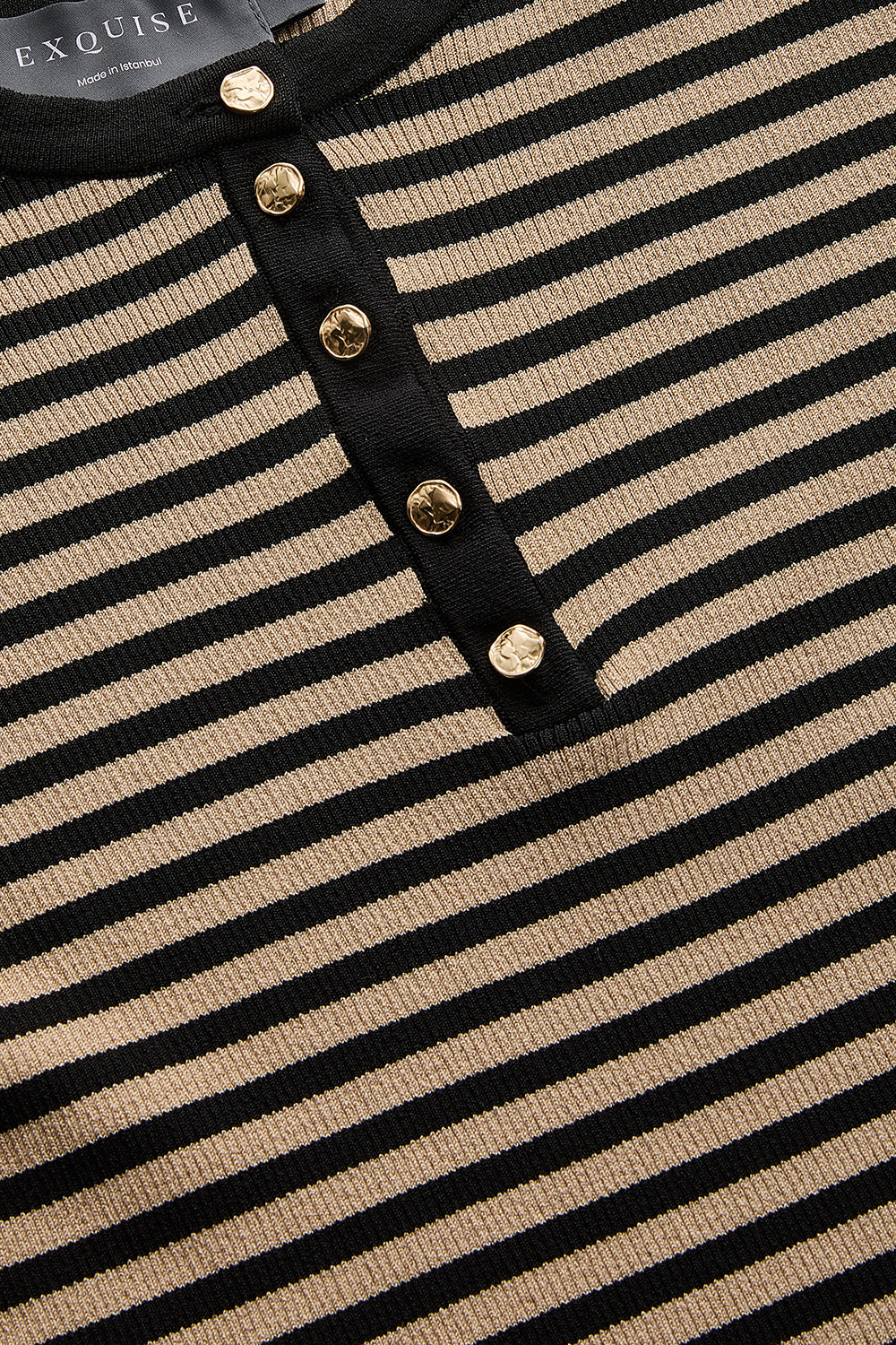 Bisiklet Yaka Çizgili Uzun Kollu Slim Fit Triko Siyah Camel Bluz