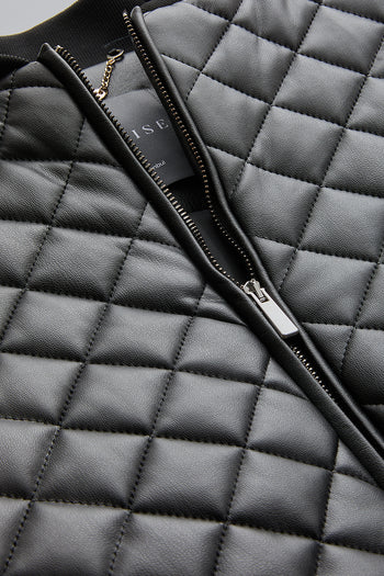 Kapitone Suni Deri Astarlı Fermuarlı Bomber Siyah Ceket