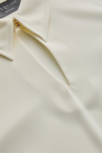 Uzun Kollu Fiyonk İşlemeli Gömlek Yaka Oversize Kemik Bluz