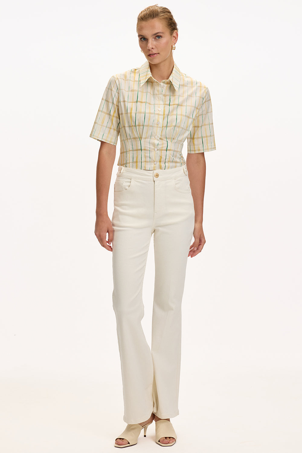 Cepli İspanyol Paça Yüksek Bel Regular Denim Beyaz Pantolon