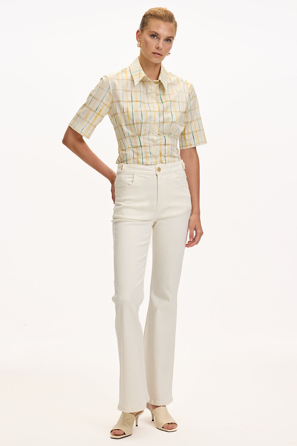 Cepli İspanyol Paça Yüksek Bel Regular Denim Beyaz Pantolon