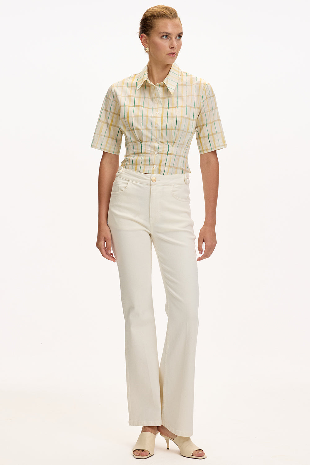 Cepli İspanyol Paça Yüksek Bel Regular Denim Beyaz Pantolon