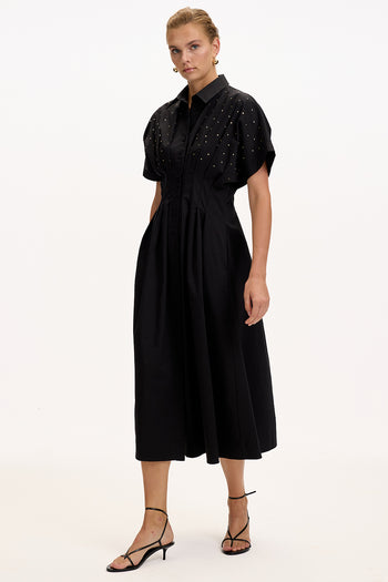 Desenli Bele Oturan Düşük Omuzlu Taş Baskılı Regular Midi Elbise