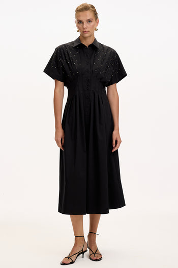 Desenli Bele Oturan Düşük Omuzlu Taş Baskılı Regular Midi Elbise