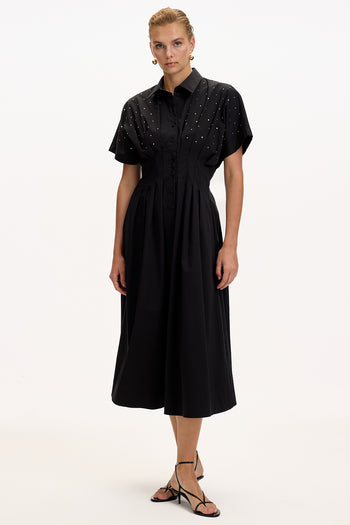 Desenli Bele Oturan Düşük Omuzlu Taş Baskılı Regular Midi Elbise