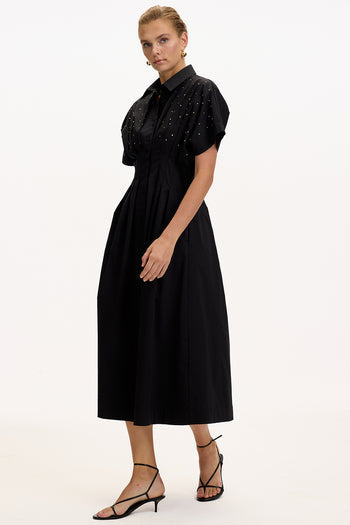 Desenli Bele Oturan Düşük Omuzlu Taş Baskılı Regular Midi Elbise