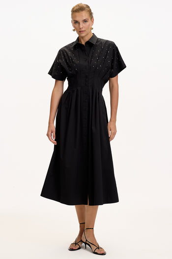 Desenli Bele Oturan Düşük Omuzlu Taş Baskılı Regular Midi Elbise