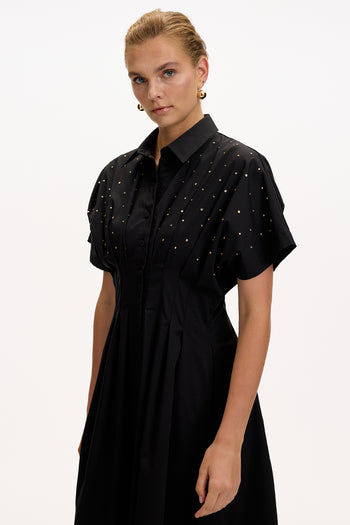 Desenli Bele Oturan Düşük Omuzlu Taş Baskılı Regular Midi Elbise