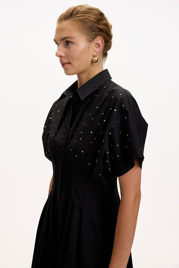 Desenli Bele Oturan Düşük Omuzlu Taş Baskılı Regular Midi Elbise