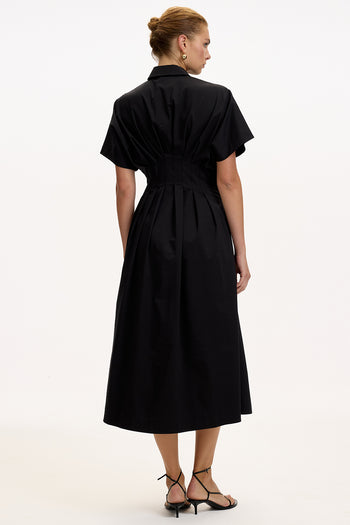 Desenli Bele Oturan Düşük Omuzlu Taş Baskılı Regular Midi Elbise