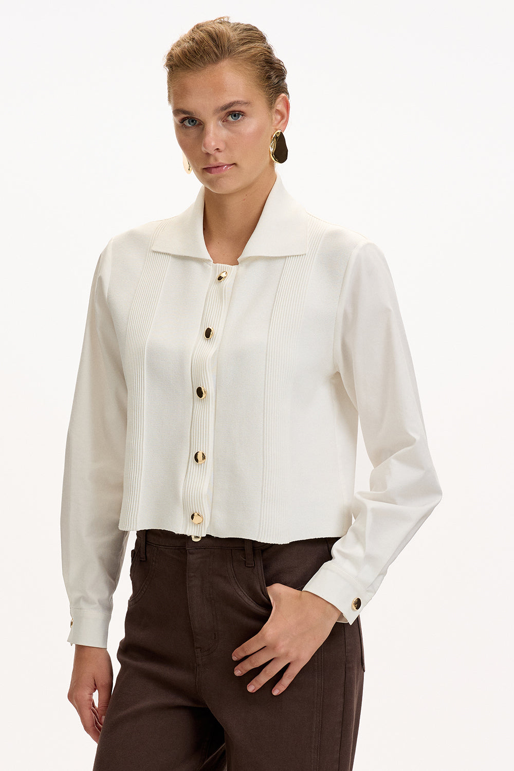 Uzun Kollu Triko Garnili Poplin Regular Kemik Gömlek