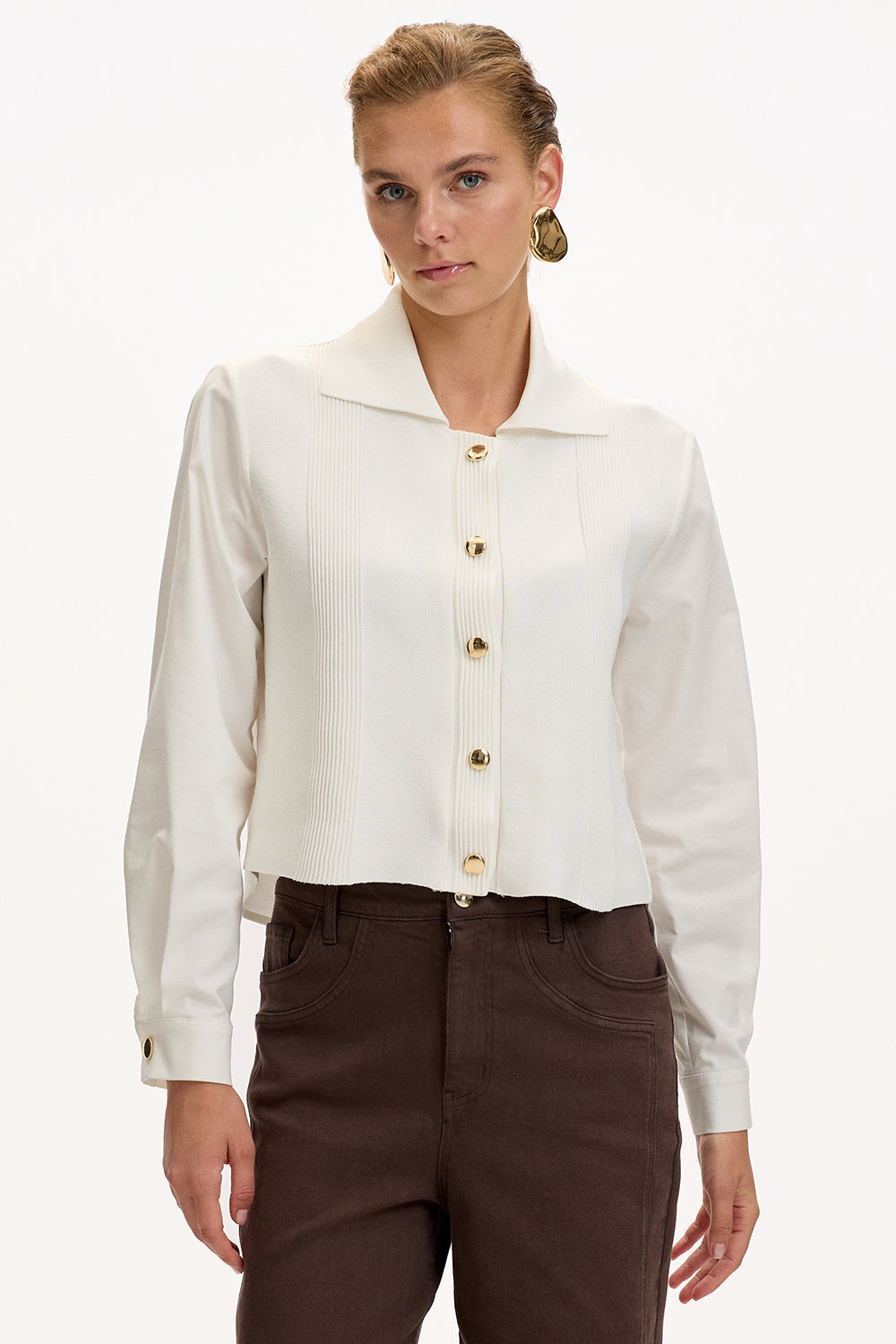 Uzun Kollu Triko Garnili Poplin Regular Kemik Gömlek