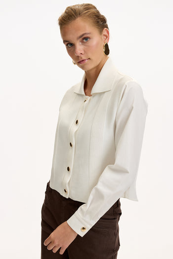 Uzun Kollu Triko Garnili Poplin Regular Kemik Gömlek