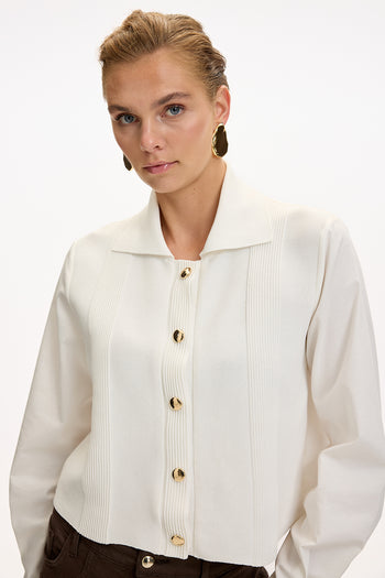 Uzun Kollu Triko Garnili Poplin Regular Kemik Gömlek