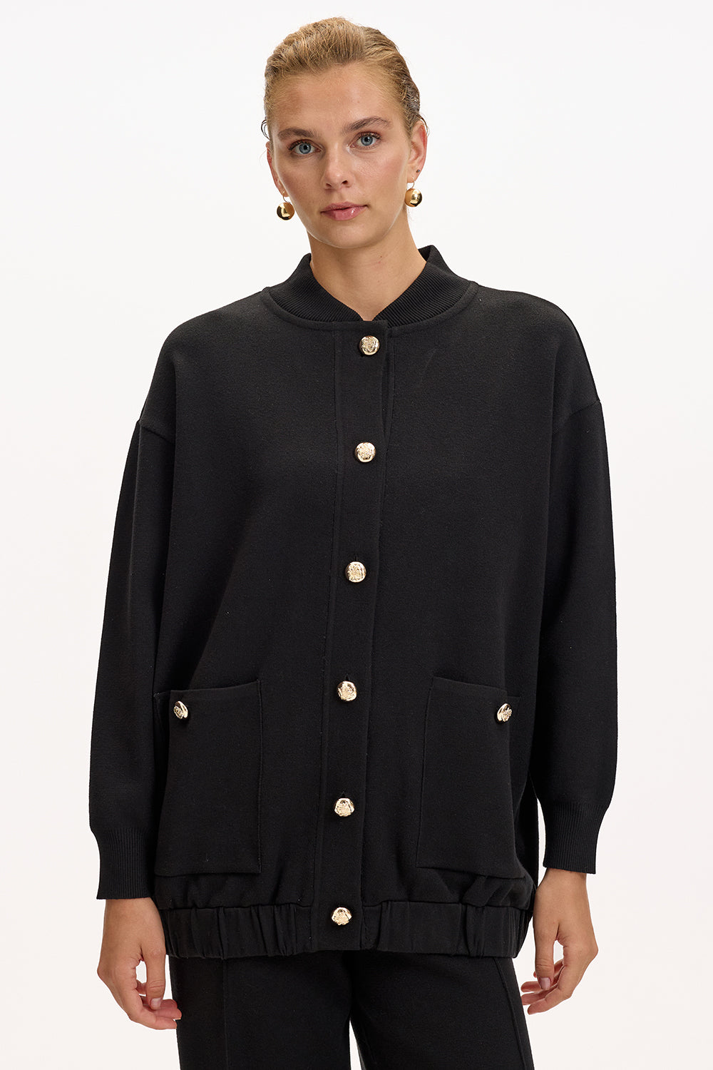 Bisiket Yaka Cepli Gold Düğmeli Oversize Siyah Tirko Hırka