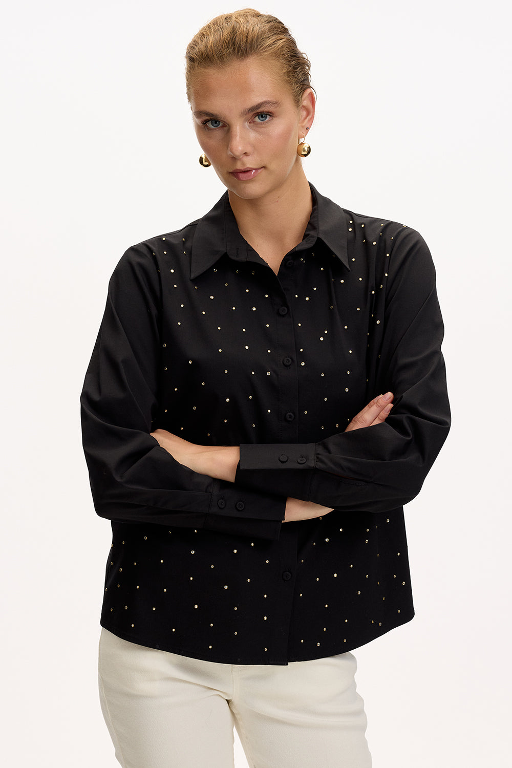 Uzun Kollu Taş Detaylı Regular Ekose Gömlek