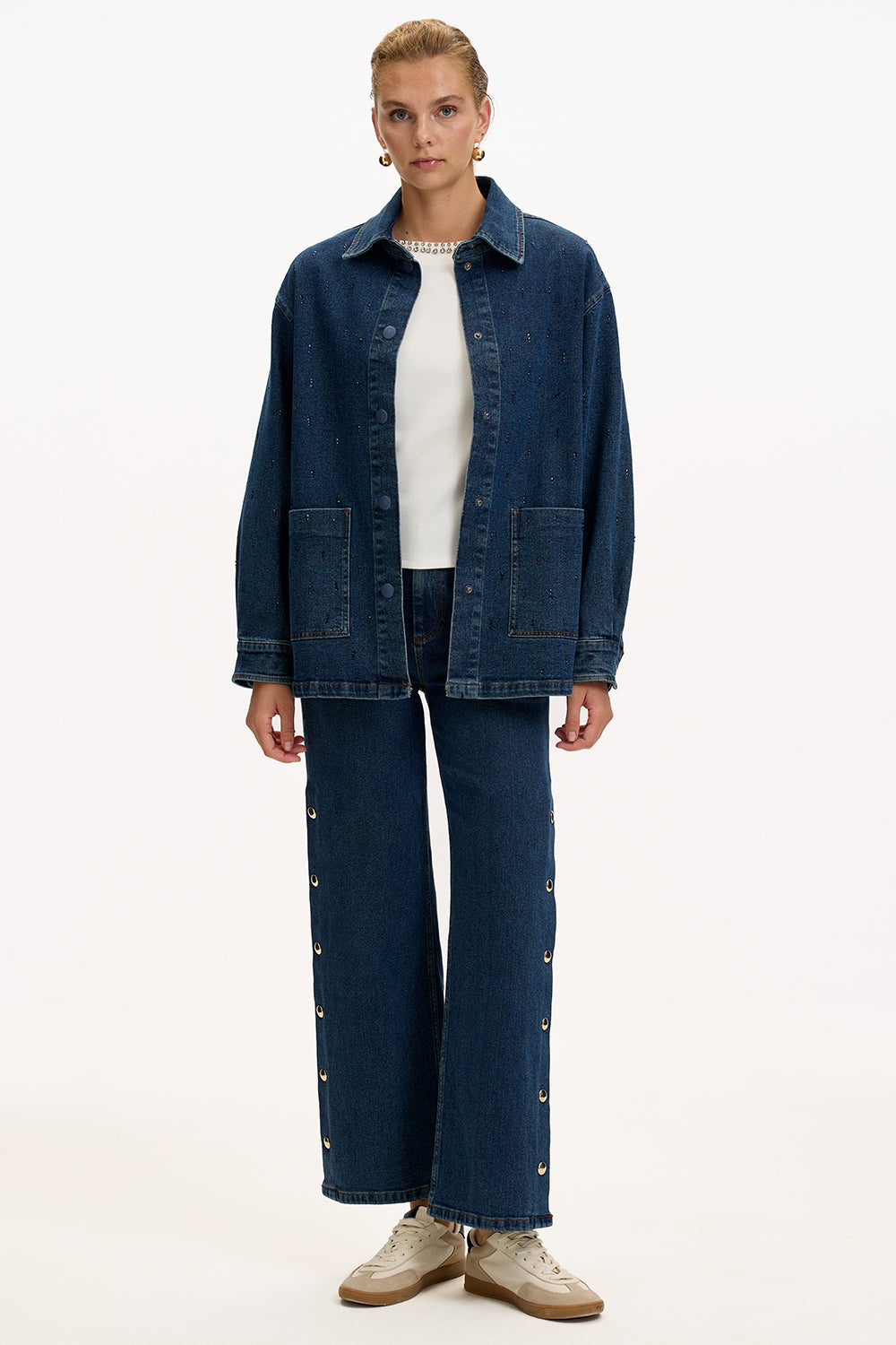 Cepli Uzun Kollu Düğmeli Regular İndigo Taşlı Denim Ceket