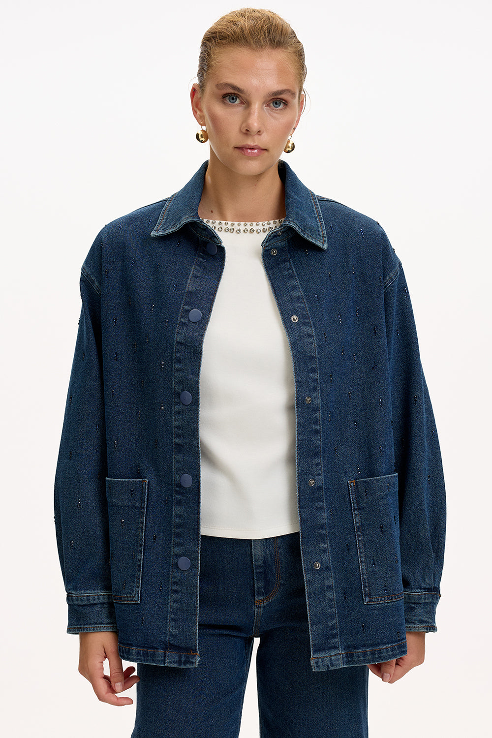 Cepli Uzun Kollu Düğmeli Regular İndigo Denim Ceket