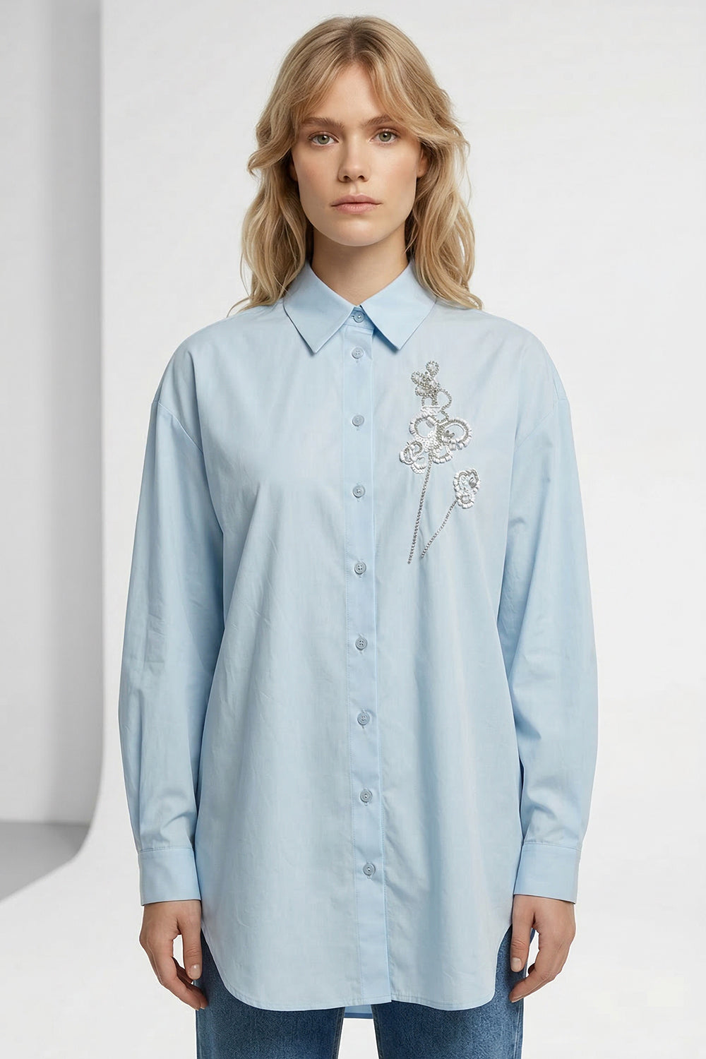 Gömlek Yaka Uzun Kollu Manşetli İşlemeli Mavi Regular Gömlek