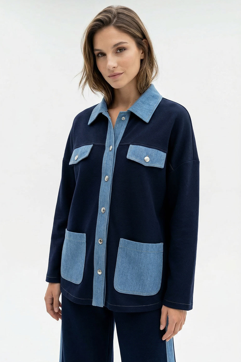Uzun Kollu Gömlek Yaka Cepli Örme Regular Lacivert Ceket