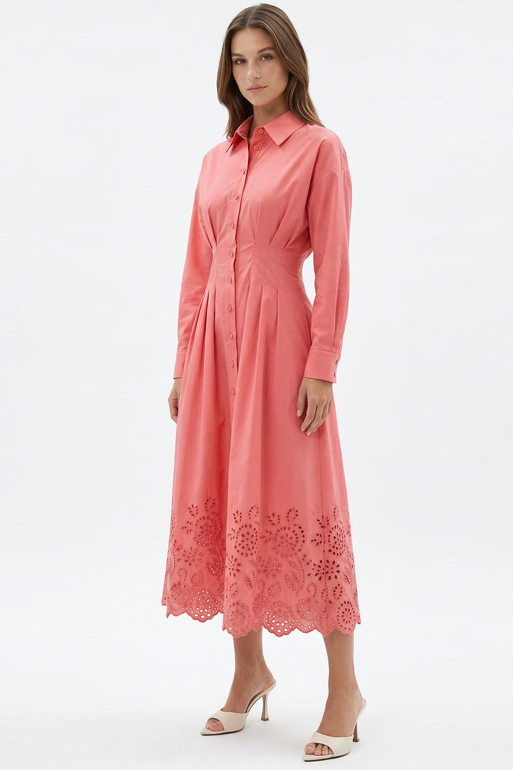 Bele Oturan Brodeli Regular Midi Gömlek Yaka Pembe Elbise