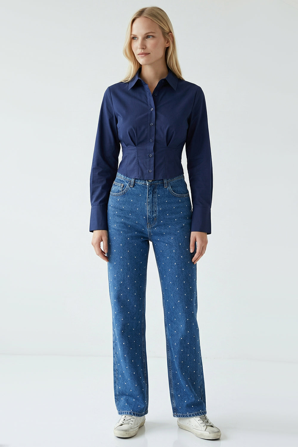 Taşlı Geniş Paça Yüksel Bel Regular Denim İndigo Pantolon