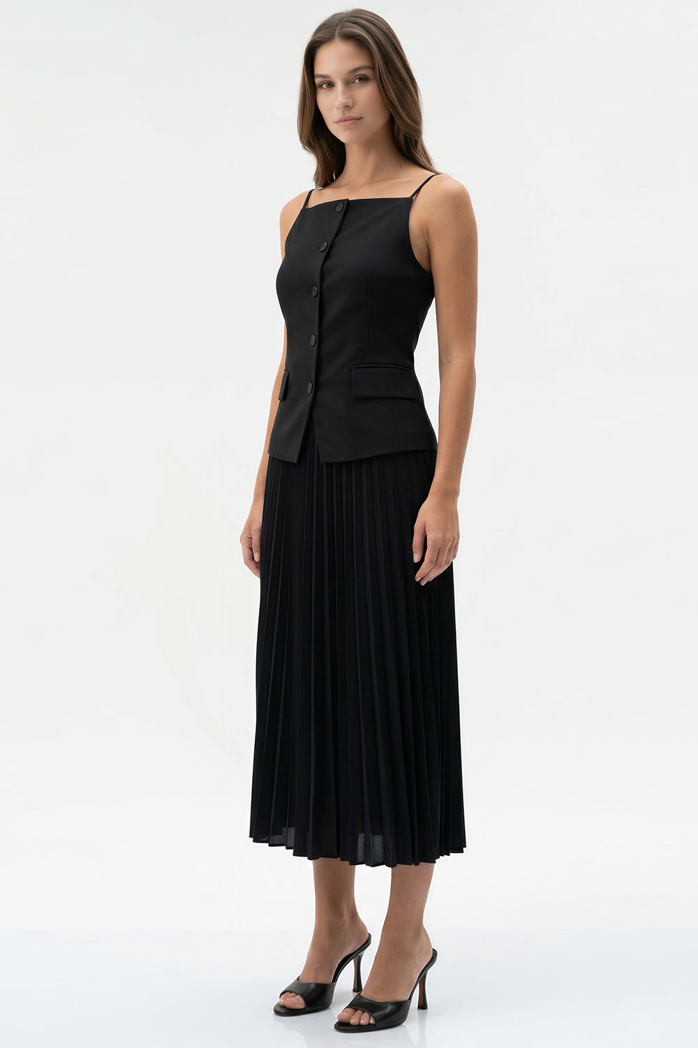 Kolsuz Pliseli Keten Garnili Regular Midi Siyah Elbise