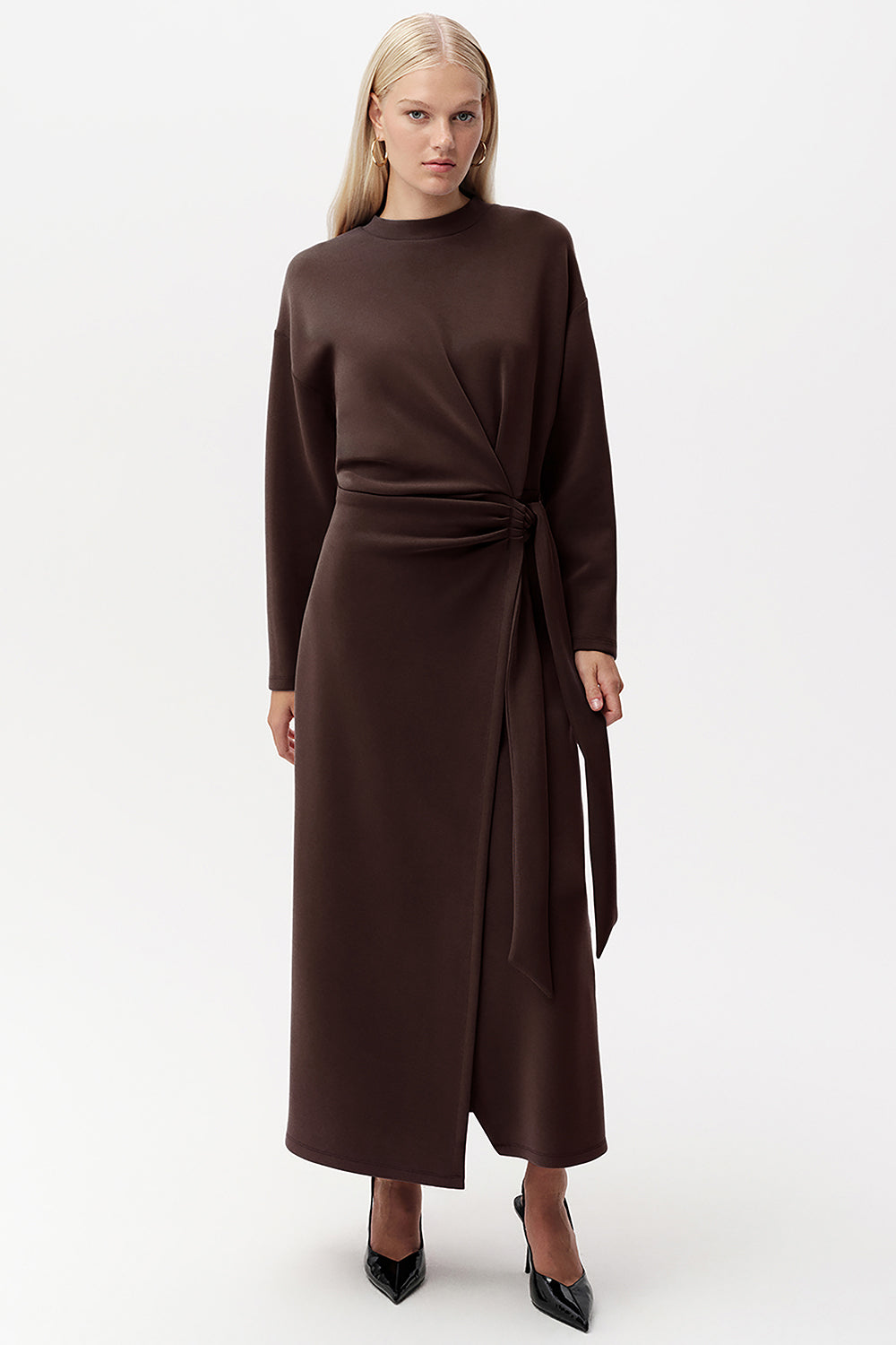 Bisiklet Yaka Bağlama Detaylı Regular Midi Elbise