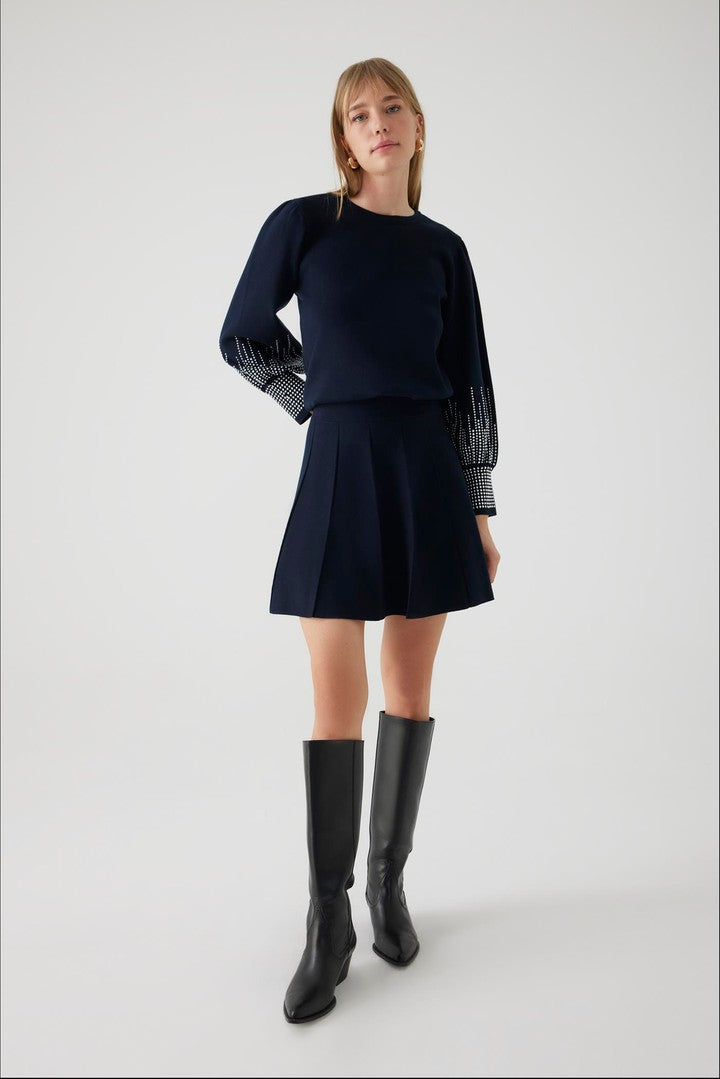 Pileli Regular Lacivert Mini Triko Etek