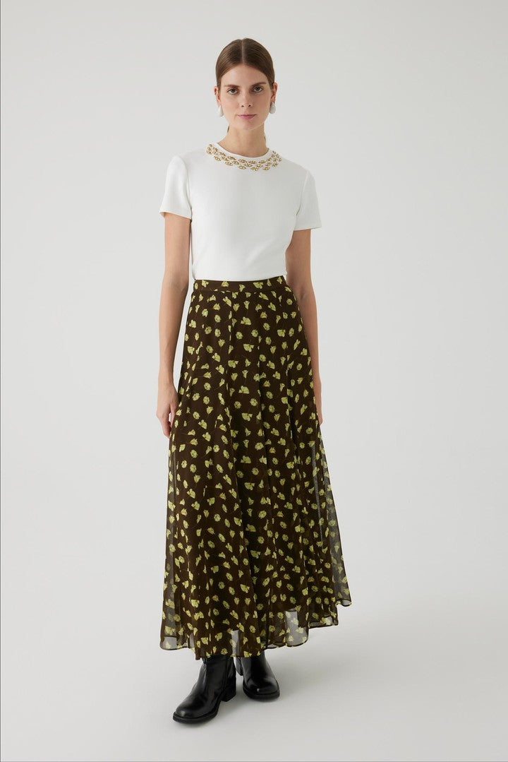 Çiçekli Desenli Fırfırlı Beli Lastikli Maxi Etek