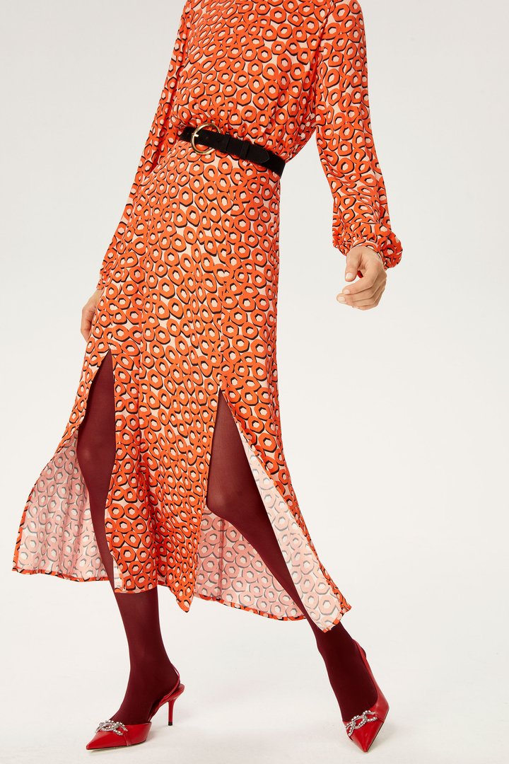 Siyah Kemerli Turuncu Elbise