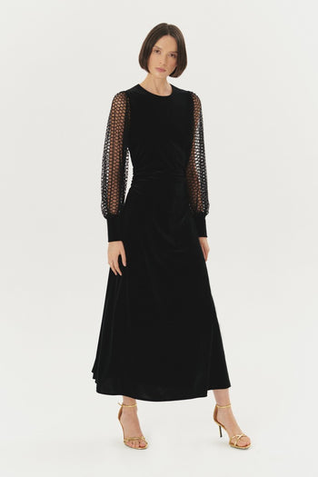 Likralı Dantel Kol Detaylı Midi Kadife Siyah Elbise