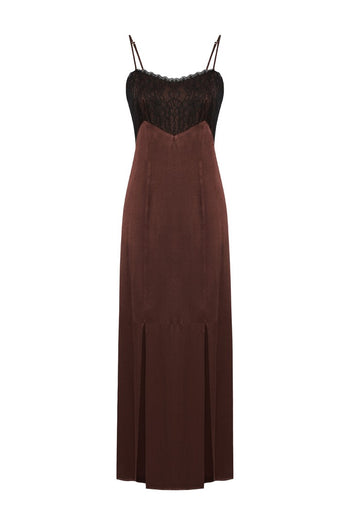 İnce Askılı Kahverengi Midi Elbise