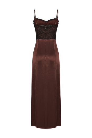 İnce Askılı Kahverengi Midi Elbise