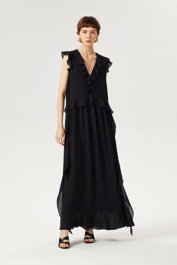 V Yaka Kolsuz Uzun Elbise