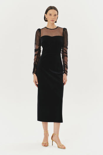 Puantiyeli Tül Detaylı Üste Oturan Midi Kadife Elbise