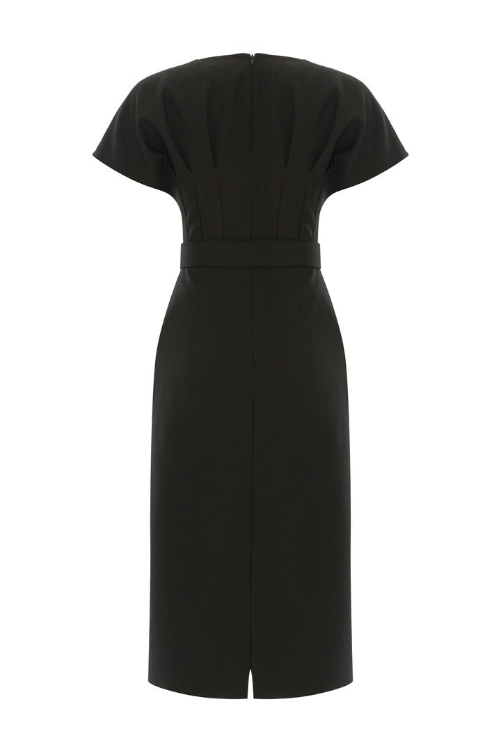 Kemerli Slim Fit Midi Siyah Elbise