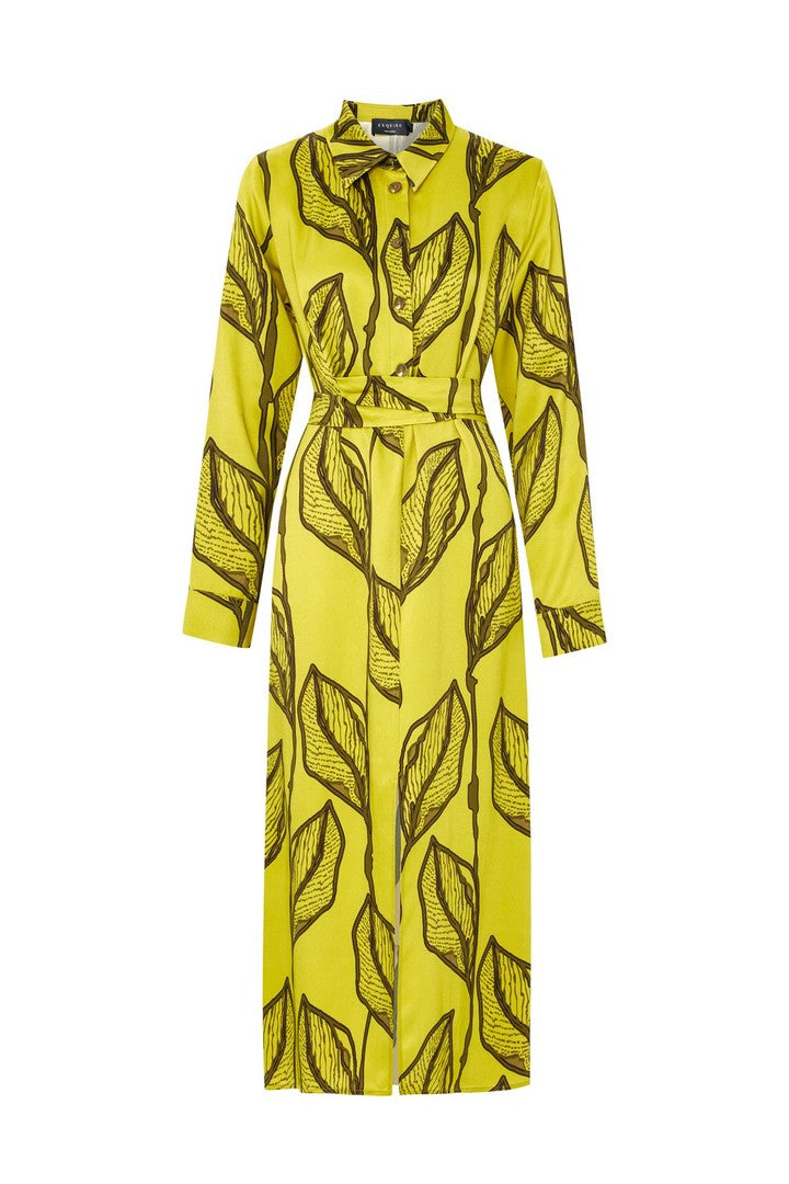 Çiçek Desenli Yeşil Midi Gömlek Elbise