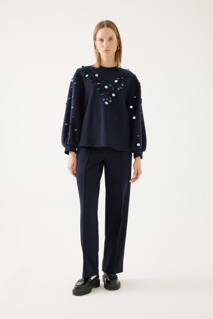 Pul İşlemeli Balon Kol Örme Sweatshirt