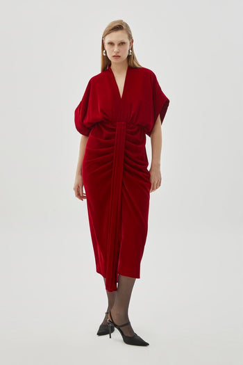 V Yaka Kadife Midi Elbise