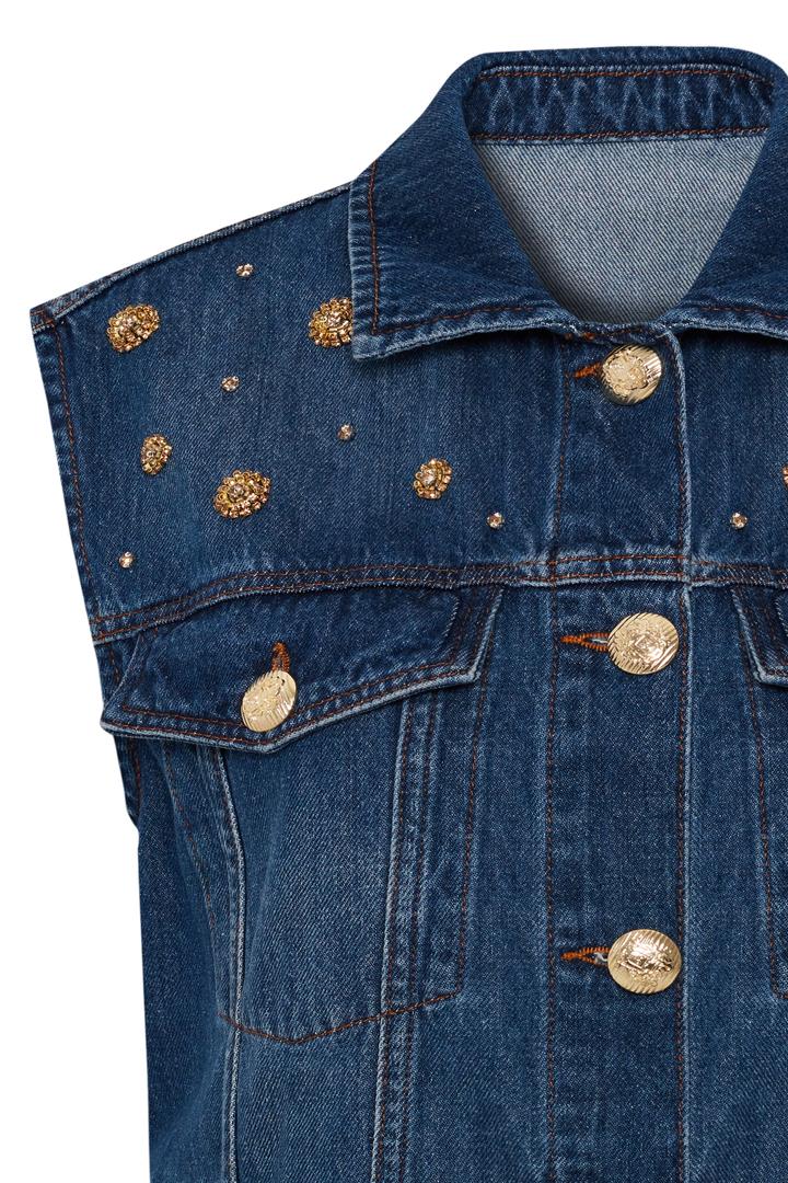 Taş Detaylı Pamuk İndigo Denim Yelek