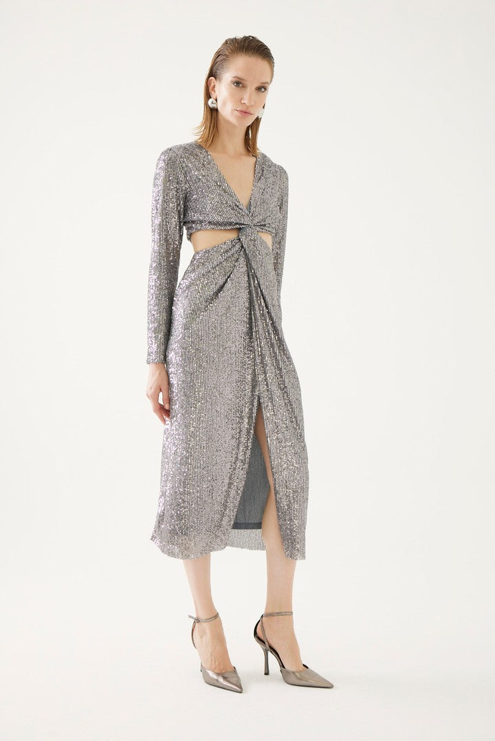 Bel Detaylı Payetli Elbise